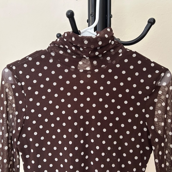 INC Fitted Stretchy Brown Mesh Polka Dot Long Sleeve High Roched Neckline Blouse - Picture 2 of 11